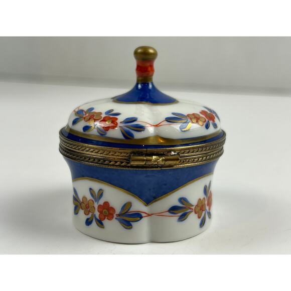 Charmat Limoges France Hand Painted Porcelain Trinket Box Floral Blue Gold - Picture 4 of 10
